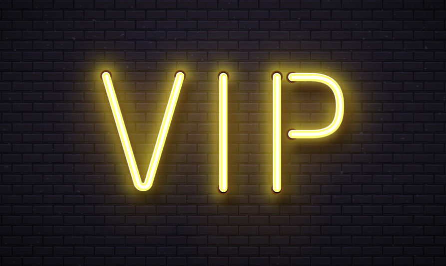 Vip neon sign. Elegant premium members club, luxury banner with golden fluorescent neons tube lamps on brick wall. Illuminated private royal casino room vip symbol vintage vector illustration